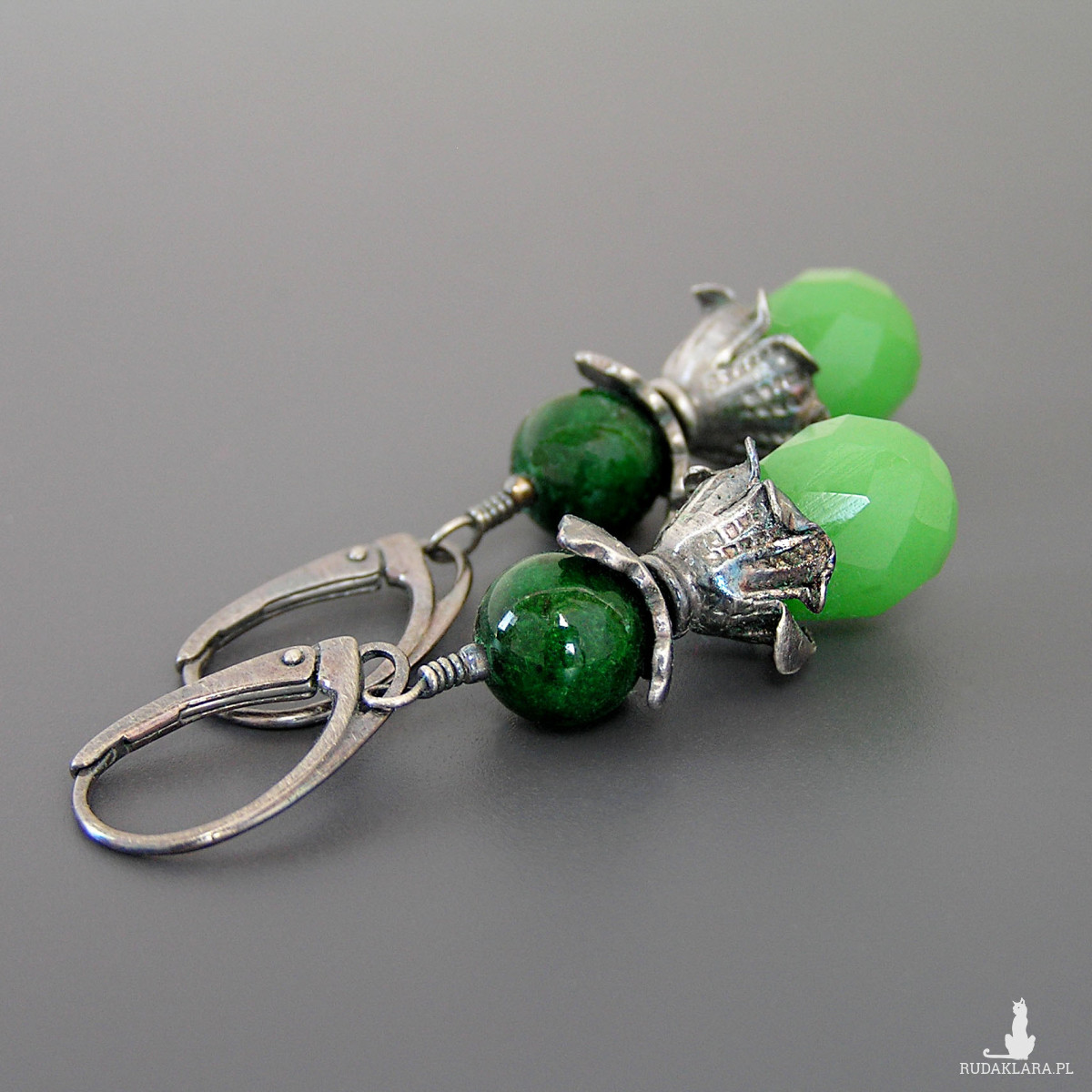 Anna Karenina – kolczyki z kroplami jadeitu i zielonym marmurem, srebro